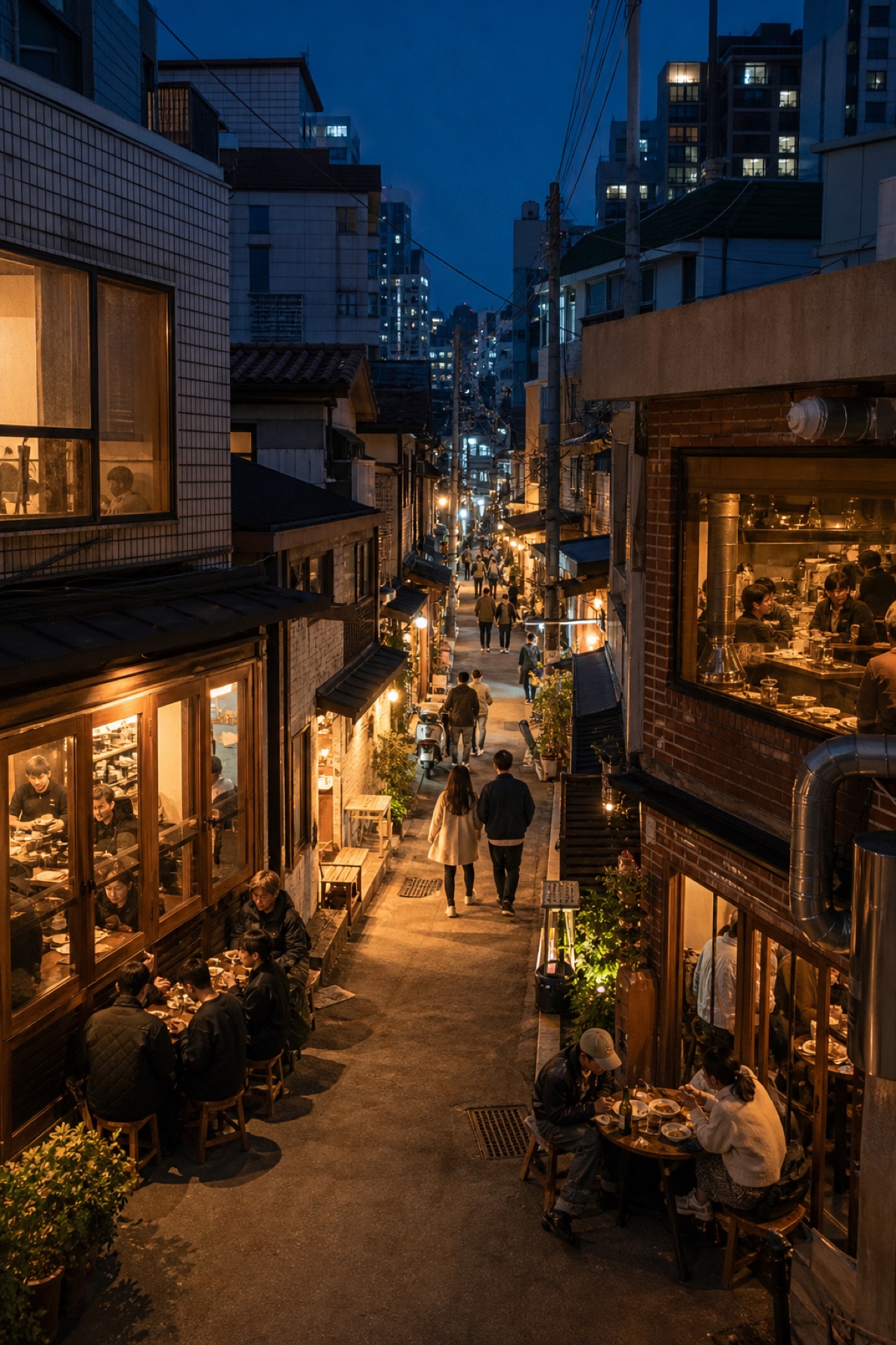 People and independent restaurants along a Seoul alley at dusk